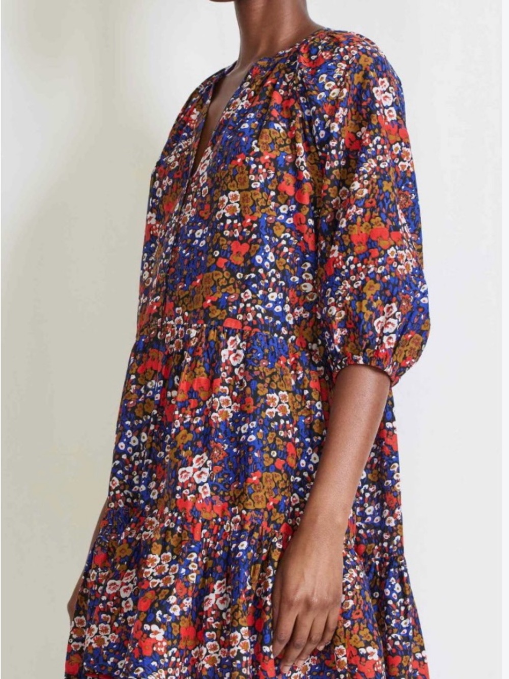 Floral V-Neck Tiered Midi Dress in Navy & Red